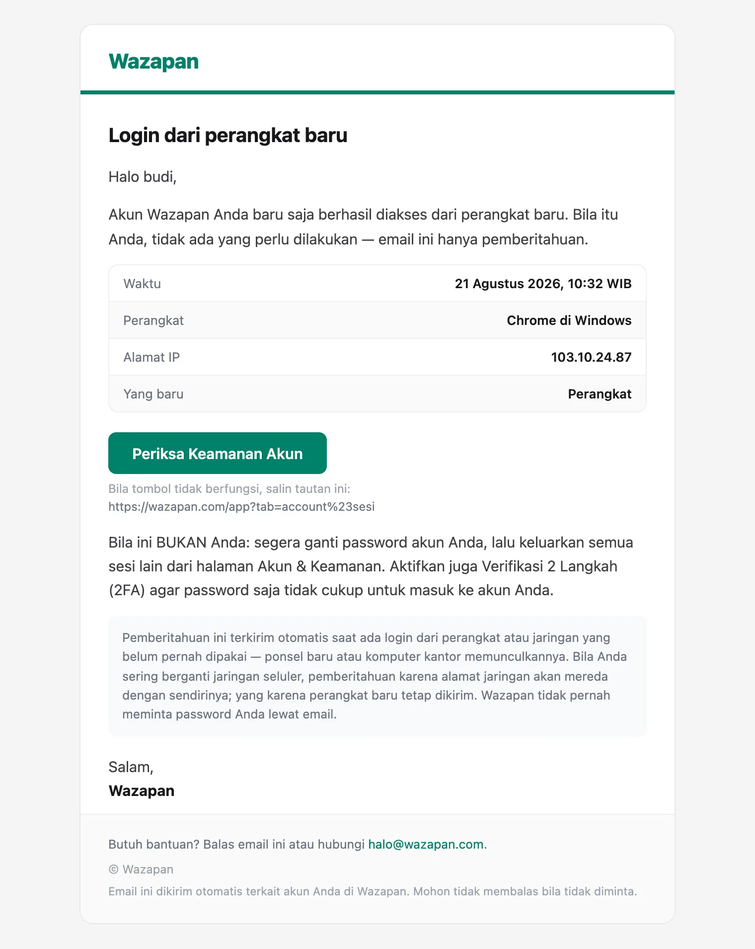 Contoh email peringatan Mustikane Omnichannel: judul Login dari perangkat baru, tabel berisi waktu, perangkat, alamat IP, dan apa yang baru, lalu tombol Periksa Keamanan Akun.